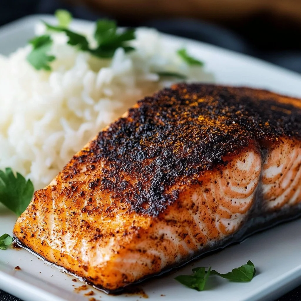 Air Fryer Blackened Salmon served on a plate with seasoning