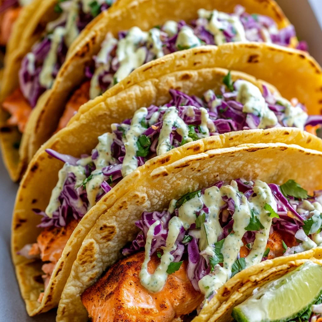 Air Fryer salmon tacos topped with slaw in a tortilla on a plate.