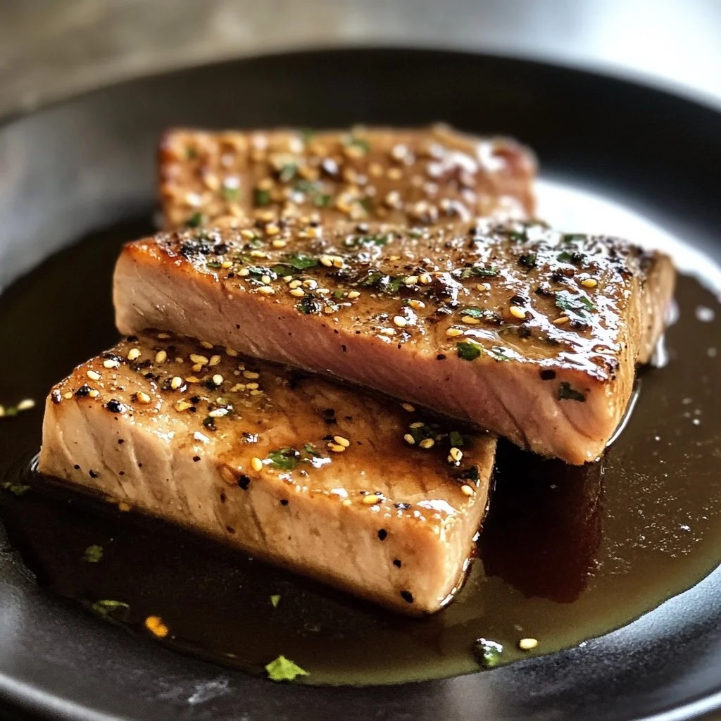 Delicious tuna steak marinated for 5 minutes, ready to grill.
