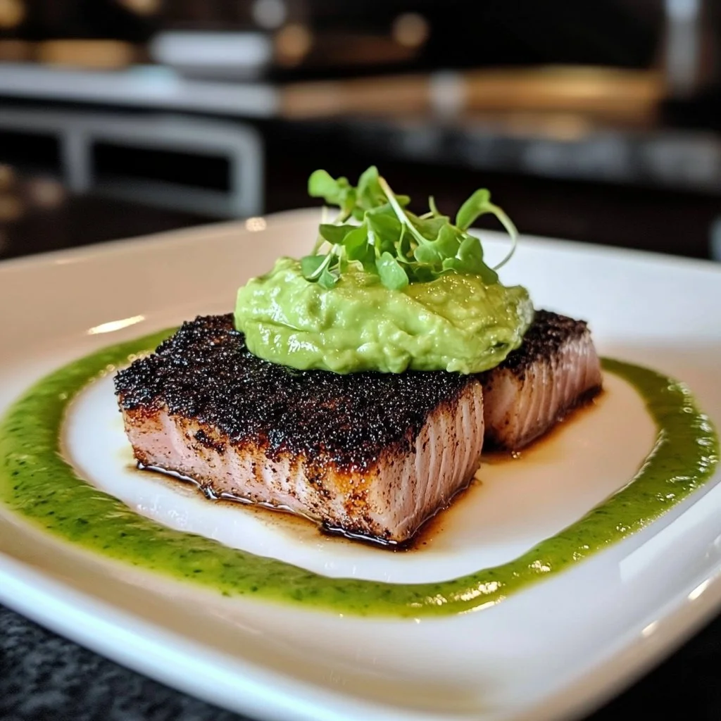 Delicious blackened tuna steaks plated with fresh herbs and lemon wedges