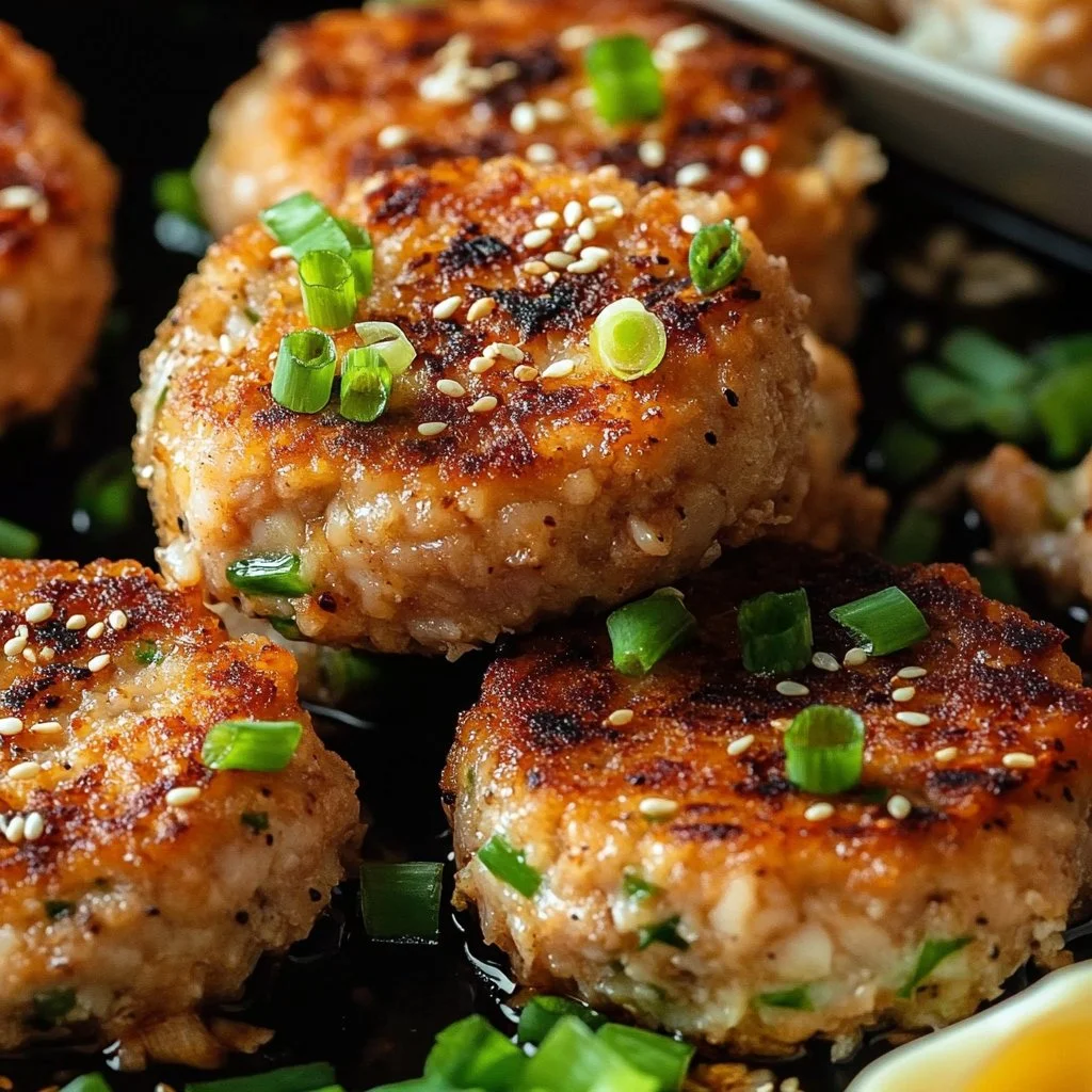 Asian-style tuna cakes served with spicy mayo on a plate