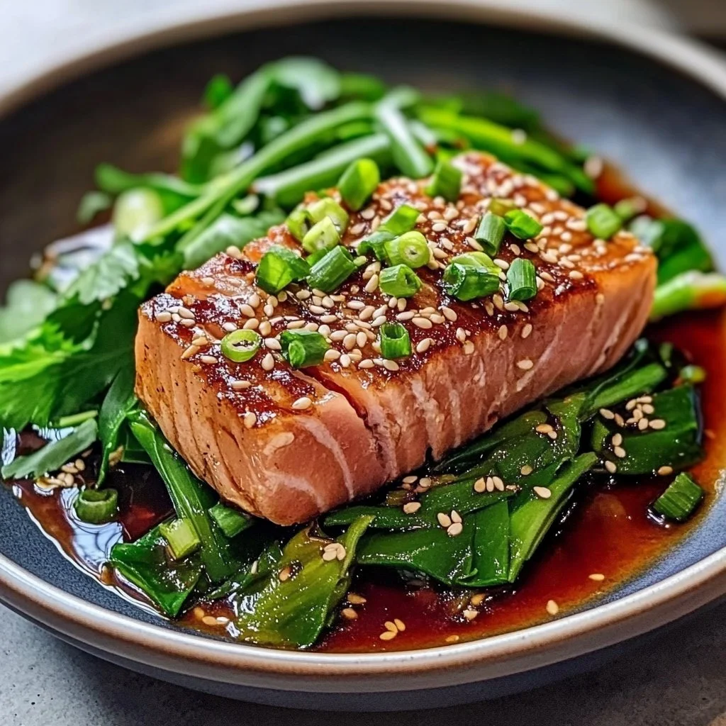 Asian Tuna Steak garnished with vegetables and sauce on a plate