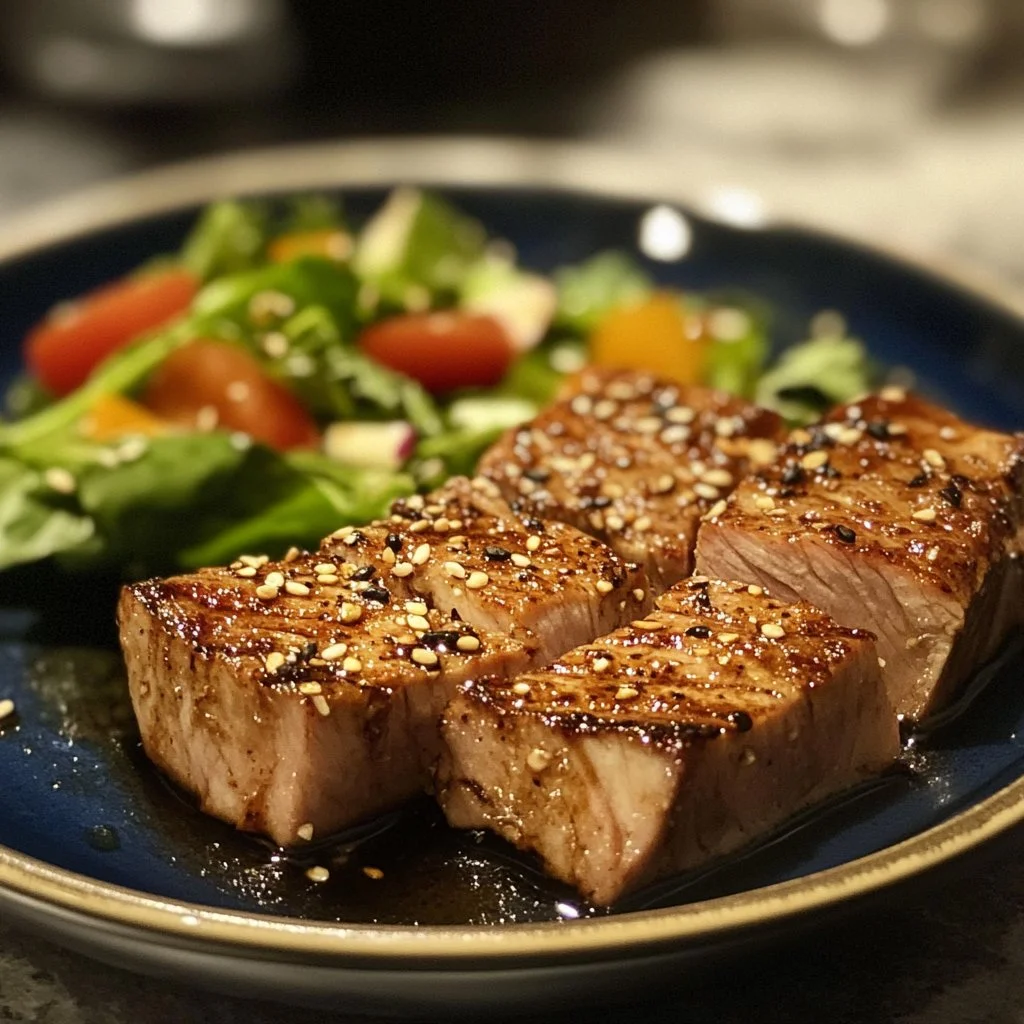 Asian-style grilled tuna steak on a plate with vegetables