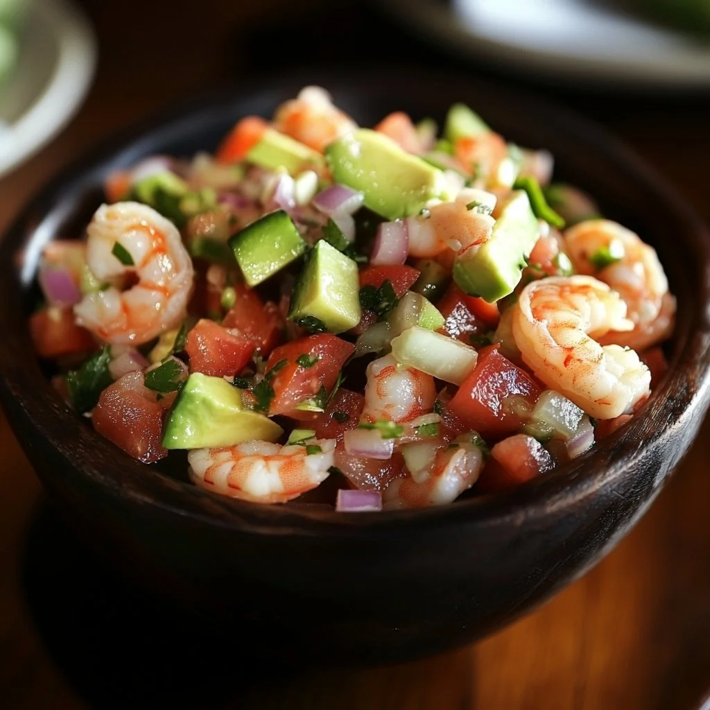 Delicious and fresh authentic shrimp ceviche with vibrant flavors and ingredients.