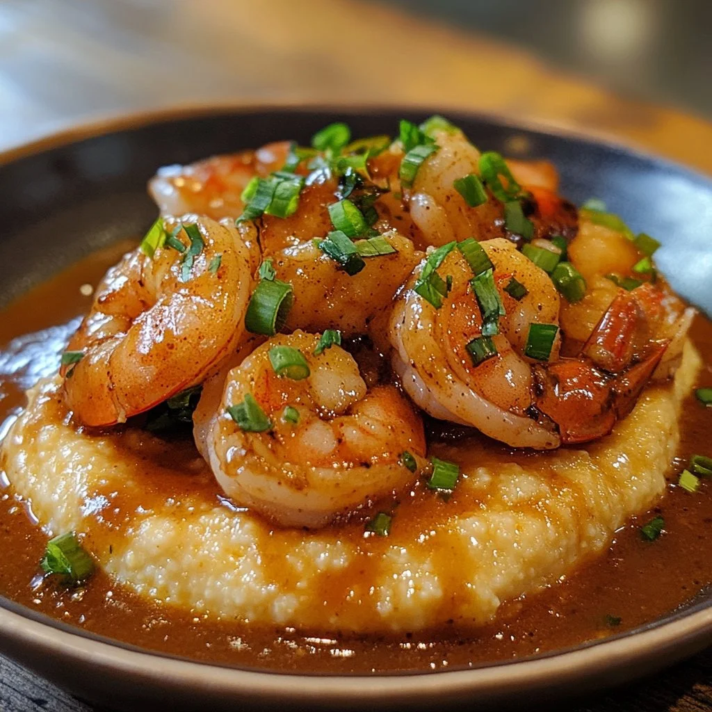 Plate of Authentic Southern Shrimp and Grits garnished with green onions