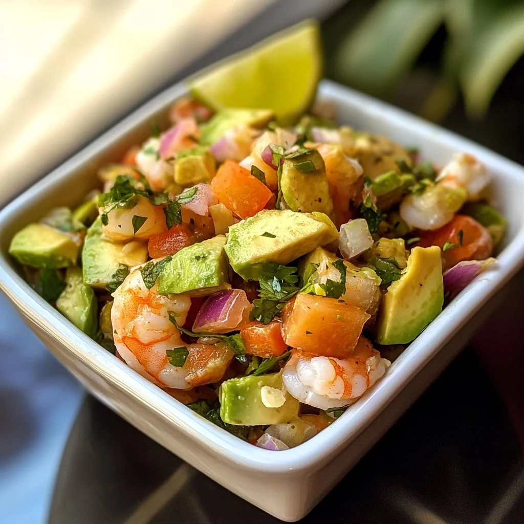 Delicious Avocado Shrimp Ceviche served in a bowl with fresh ingredients.