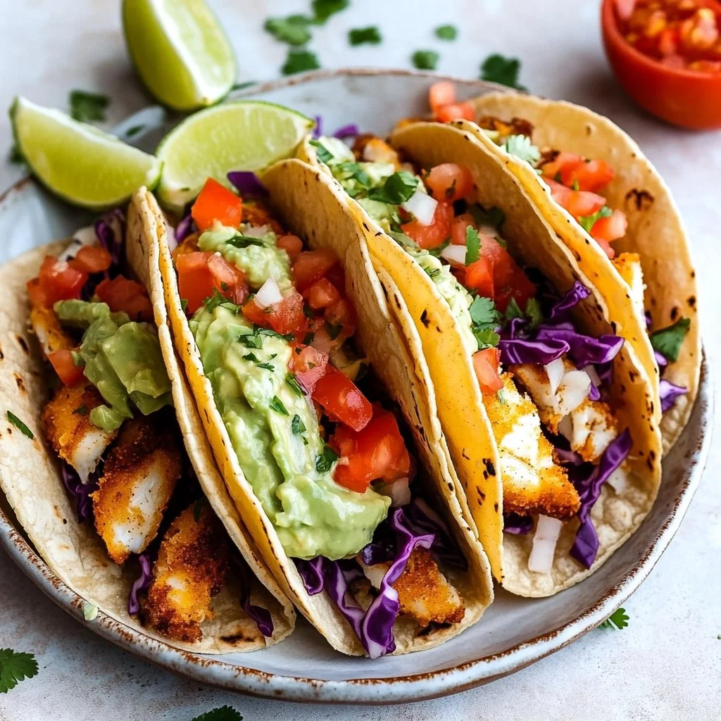 Delicious and crispy Baja Fish Tacos topped with fresh ingredients