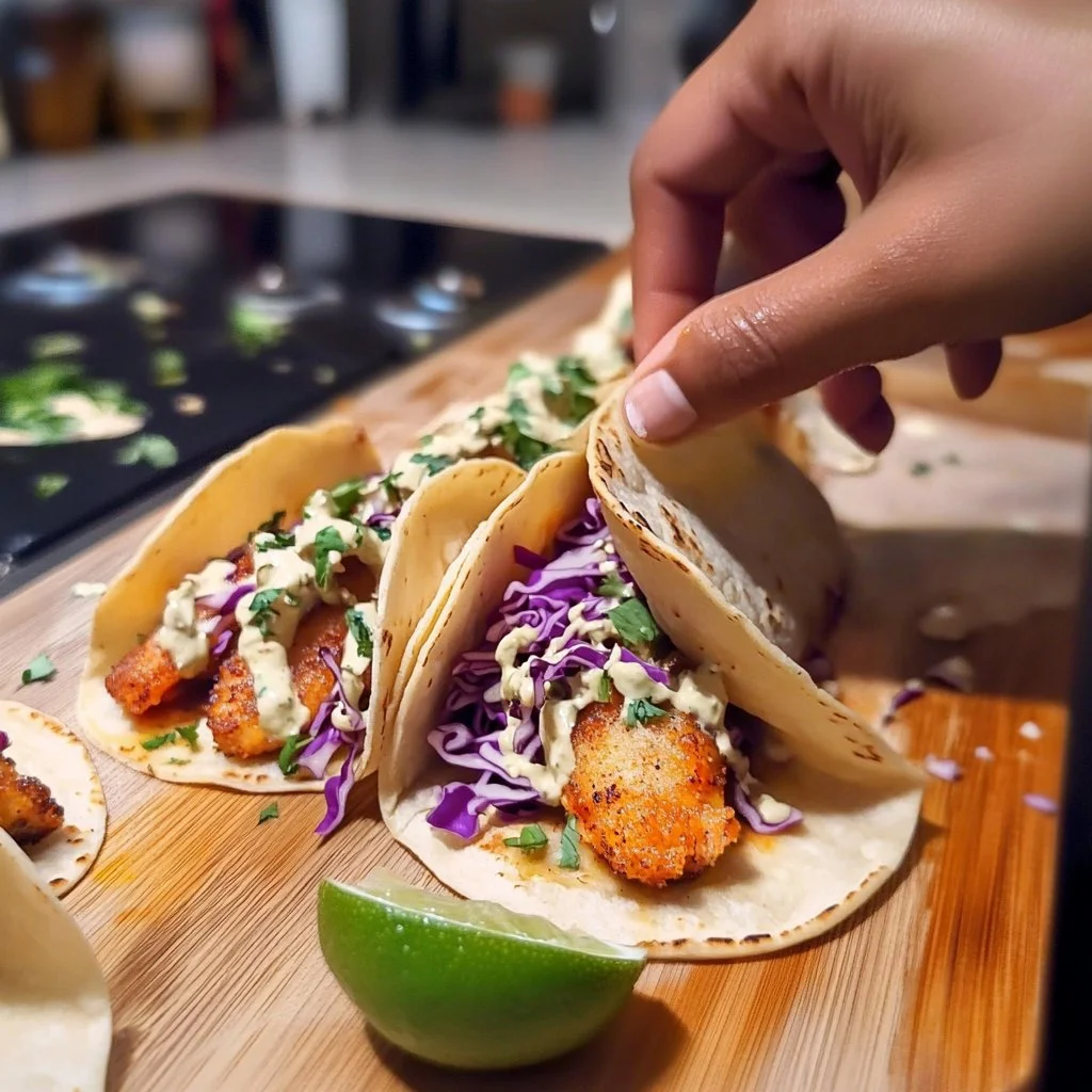 Delicious Baja fish tacos served with fresh toppings and lime wedges