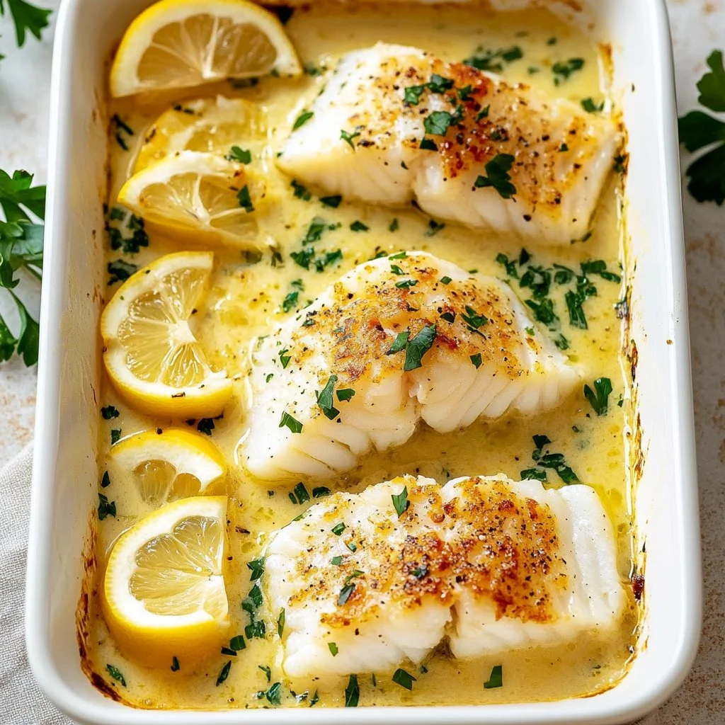 Baked cod fillet served in coconut lemon cream sauce with garnishes