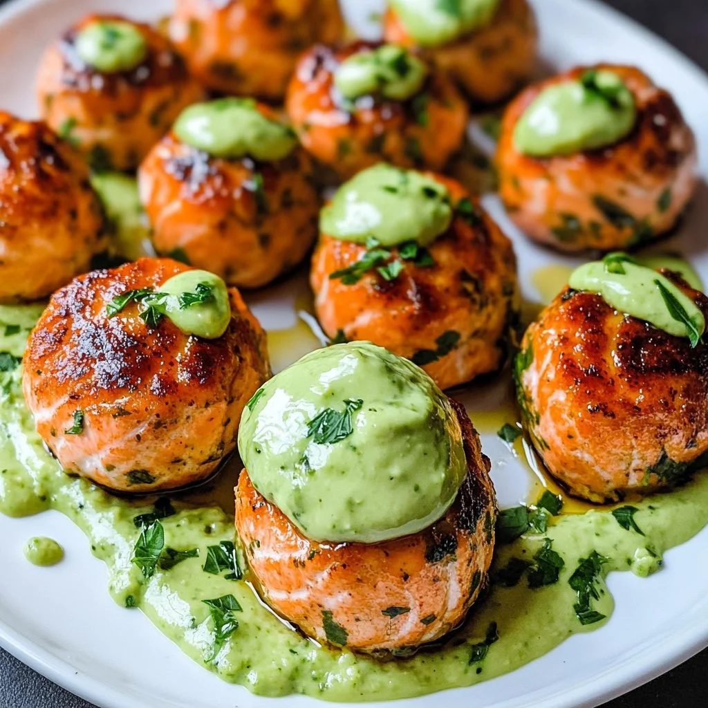 Baked salmon balls served with creamy avocado sauce on a plate
