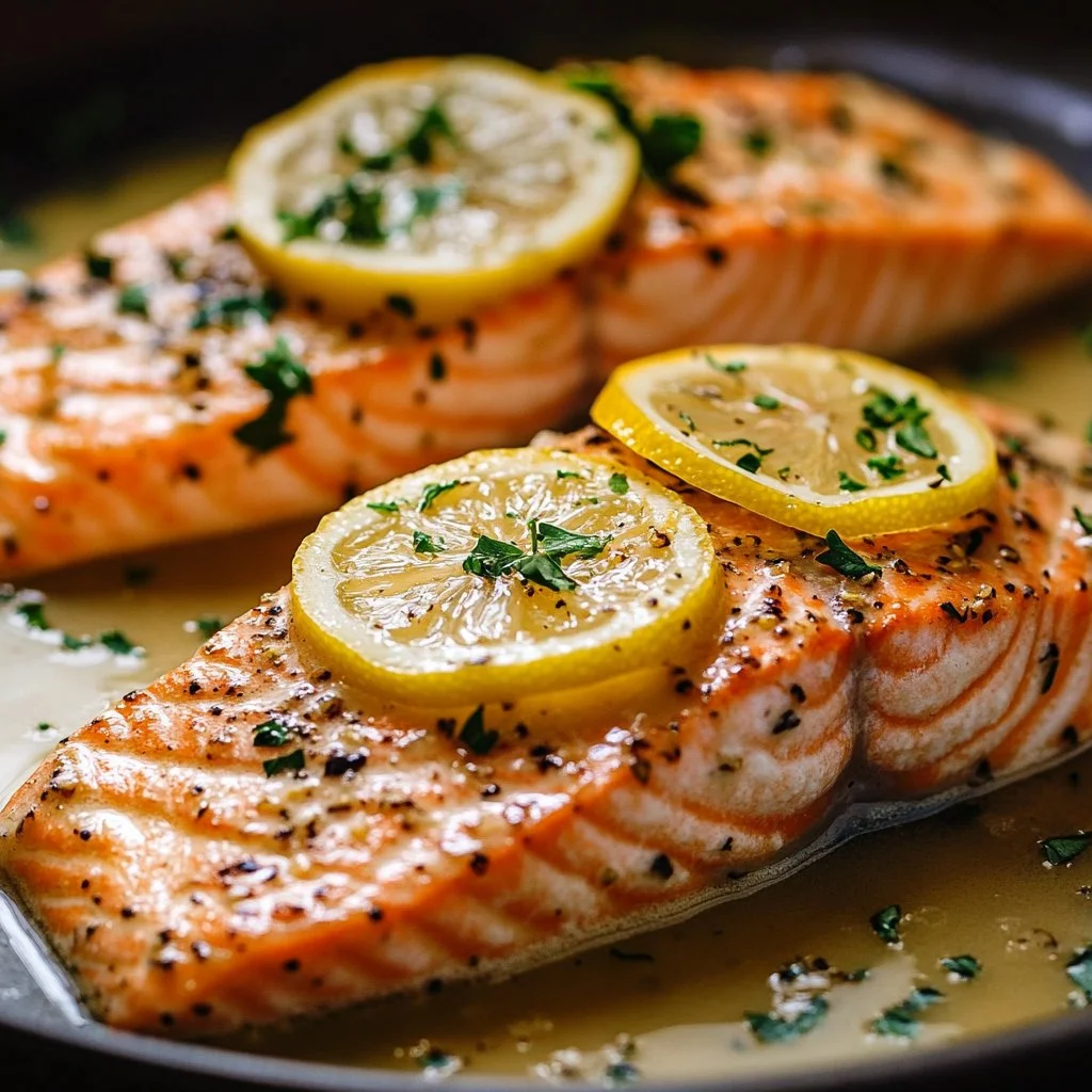 Delicious baked salmon fillet drizzled with lemon butter cream sauce