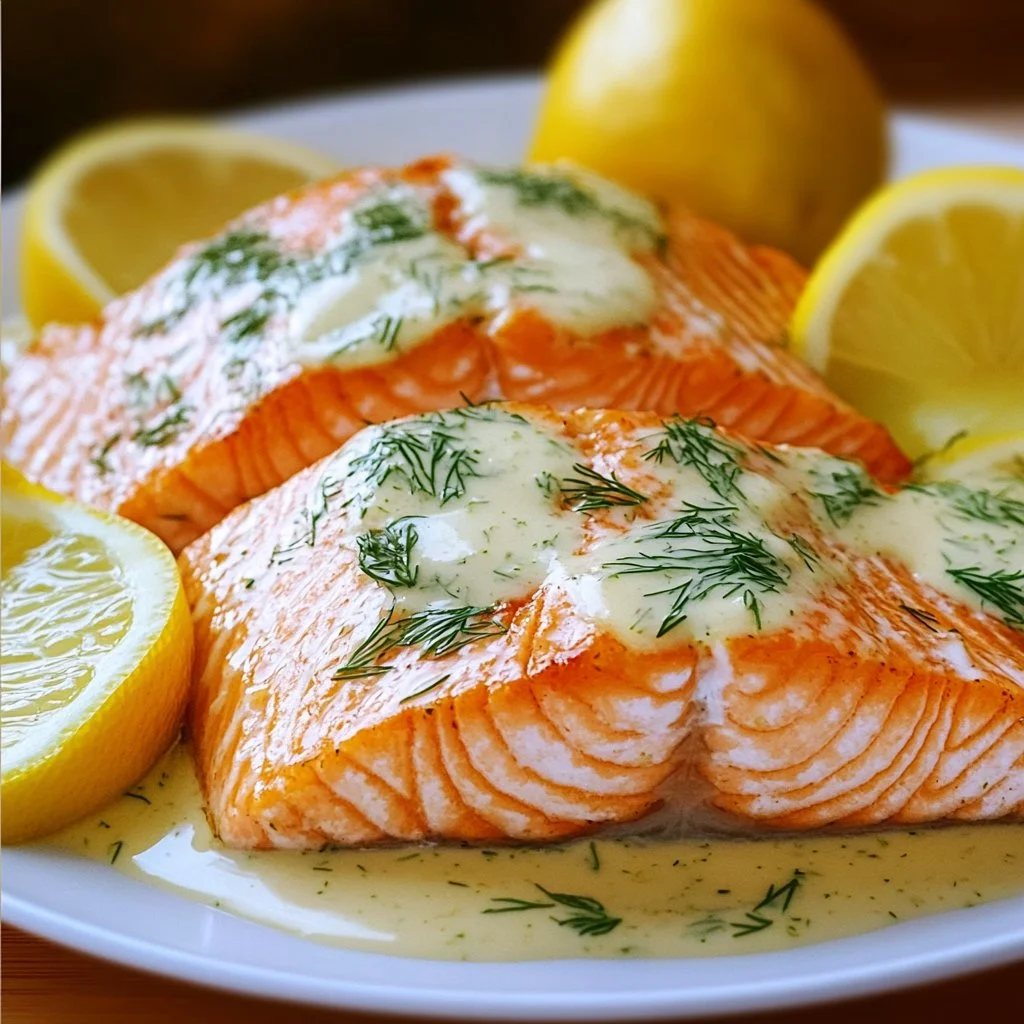 Baked salmon fillet topped with lemon dill sauce on a plate.
