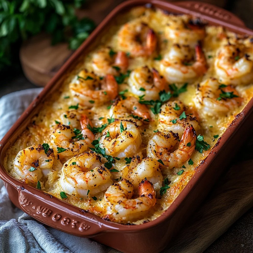 Baked stuffed shrimp casserole with golden breadcrumbs and herbs