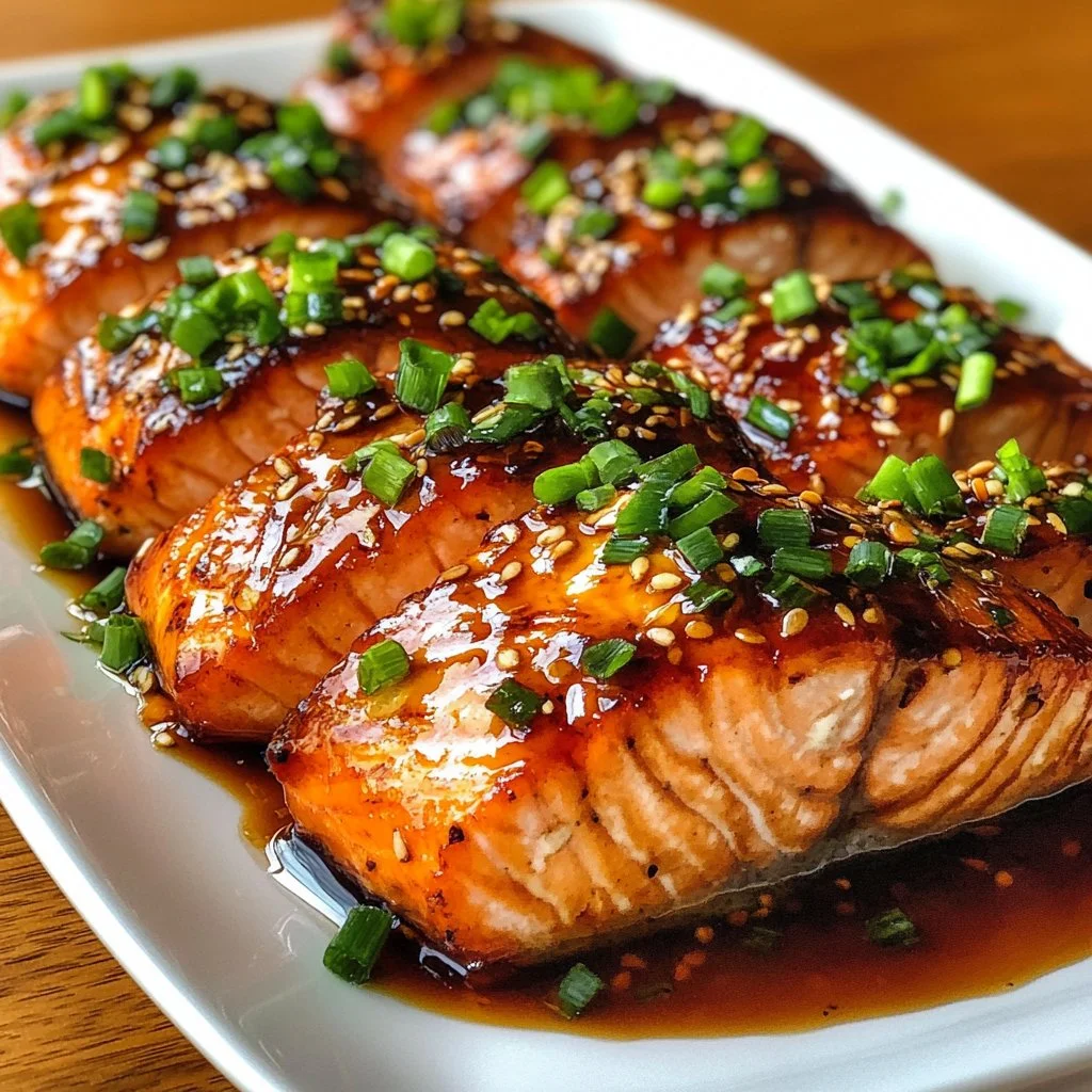 Baked teriyaki salmon fillet served with vegetables on a plate.