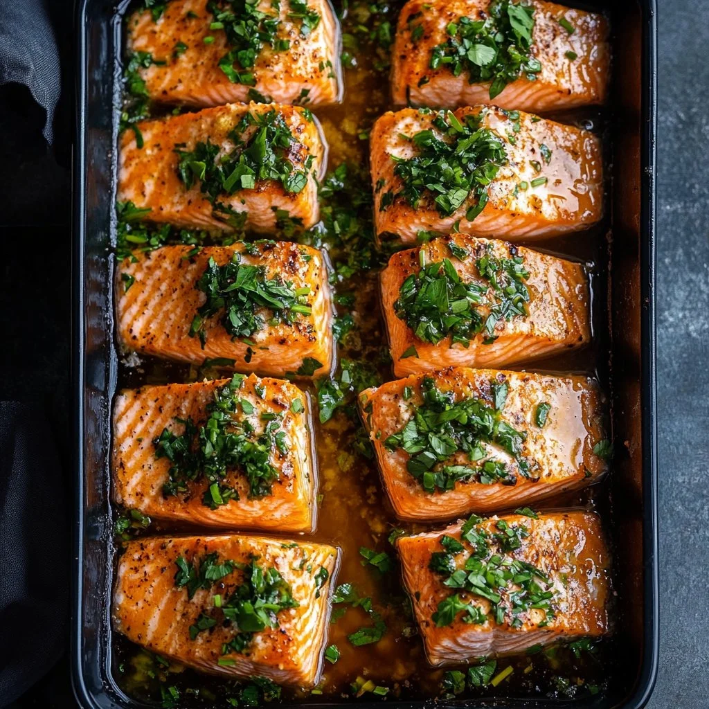 Plate of Bang Bang Salmon with spicy sauce and garnishes