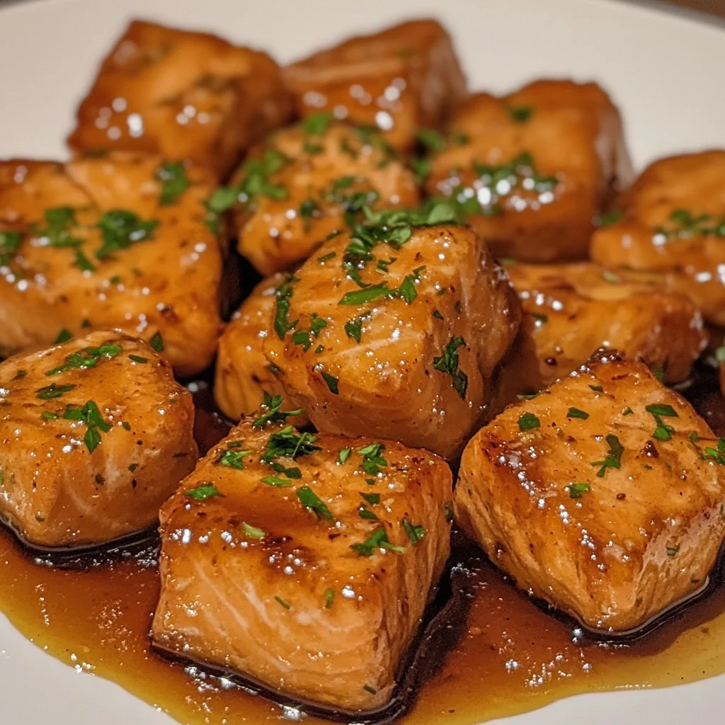 Delicious Bang Bang Salmon Bites served with a spicy dipping sauce.