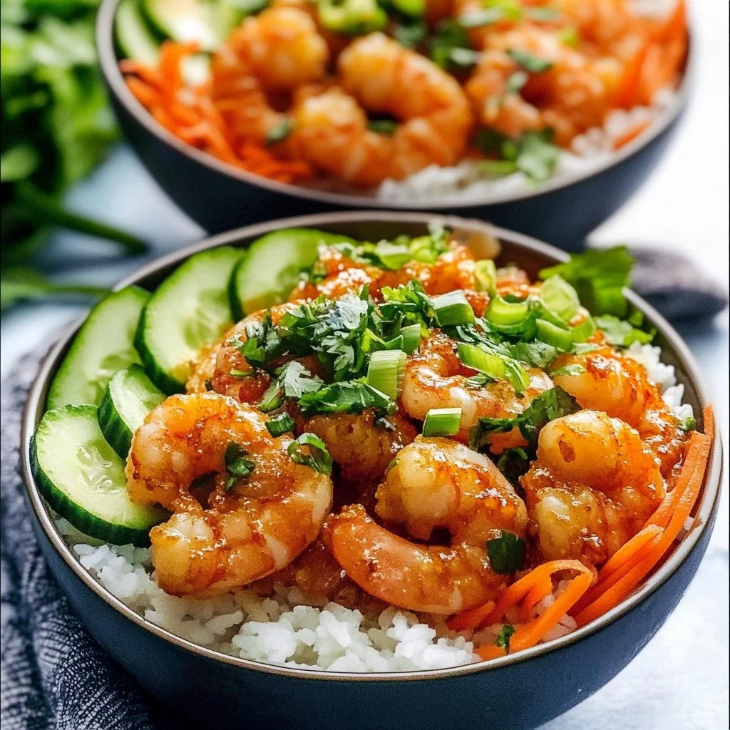Delicious Bang Bang Shrimp Rice Bowl garnished with fresh herbs and spices