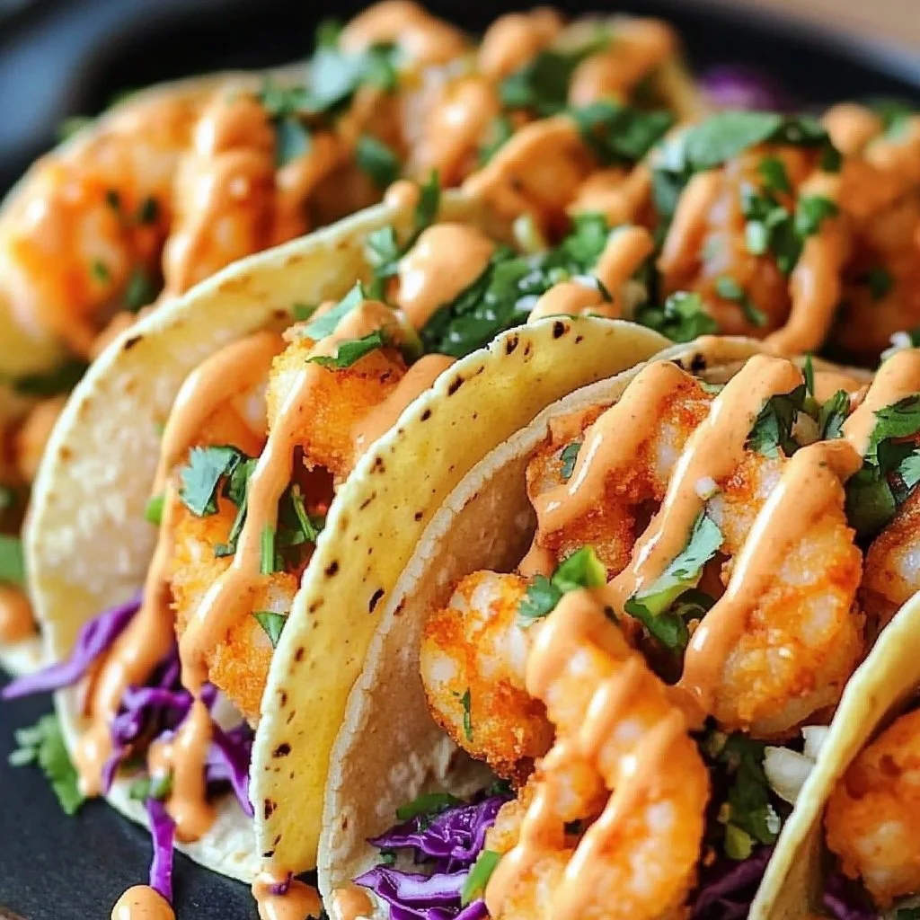 Delicious Bang Bang Shrimp Tacos served with fresh toppings