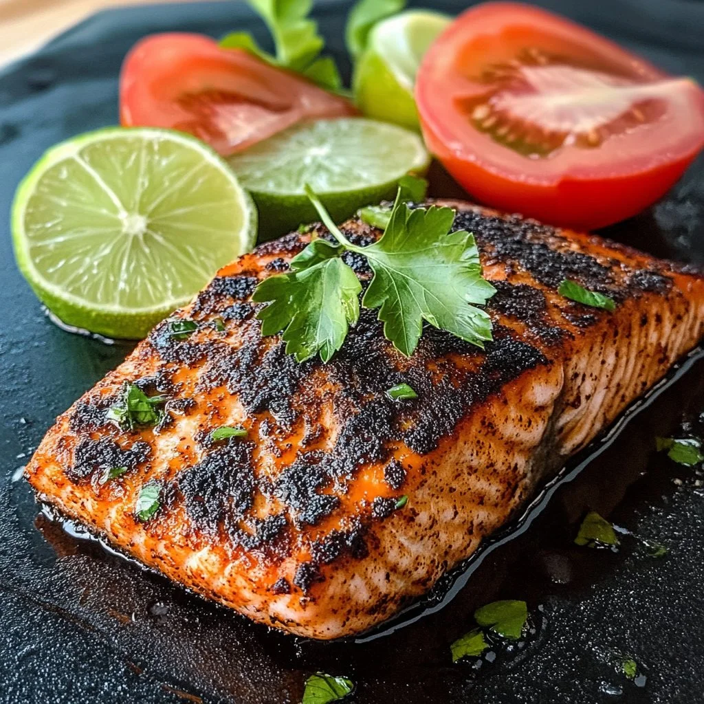 Delicious air fryer blackened salmon on a plate with garnishes