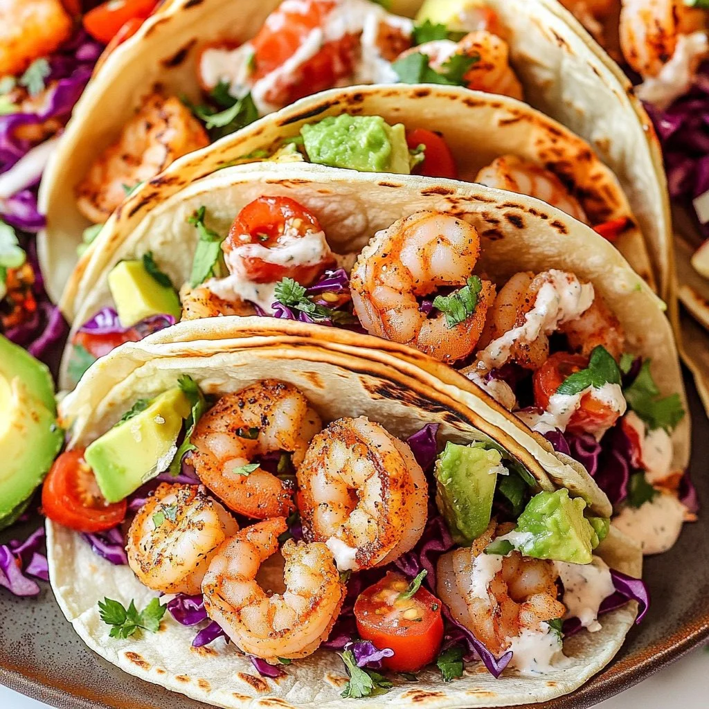 Homemade shrimp taco topped with fresh ingredients and colorful toppings.