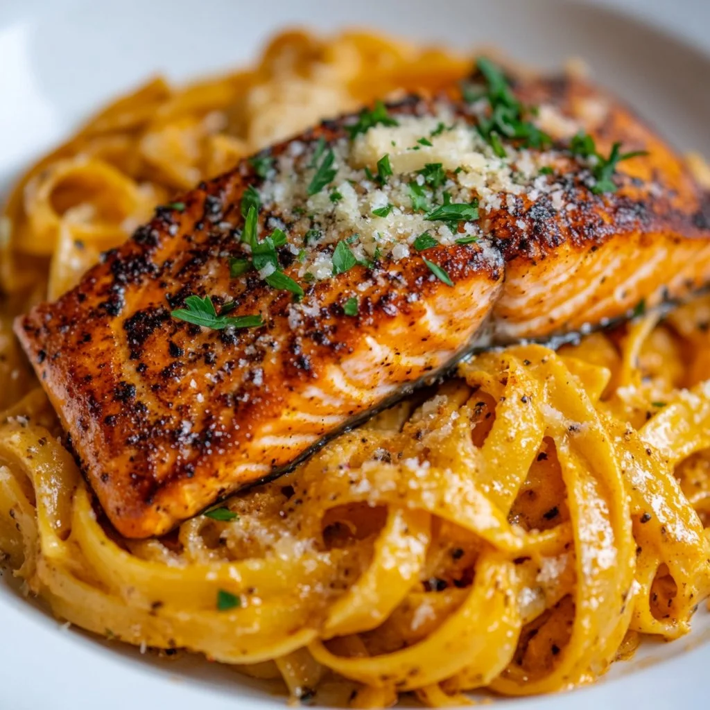 Blackened Creamy Cajun Pasta with Salmon served on a plate