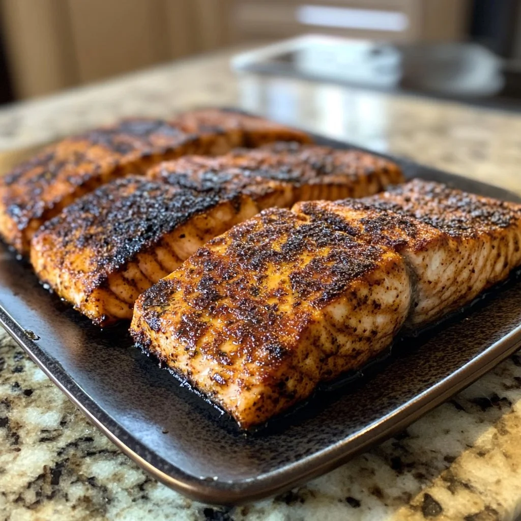 Delicious blackened salmon fillet on a plate with fresh herbs