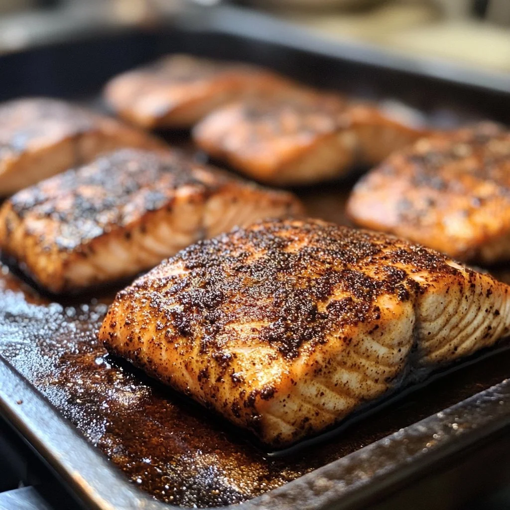 Deliciously seared blackened salmon fillet with spices on a plate