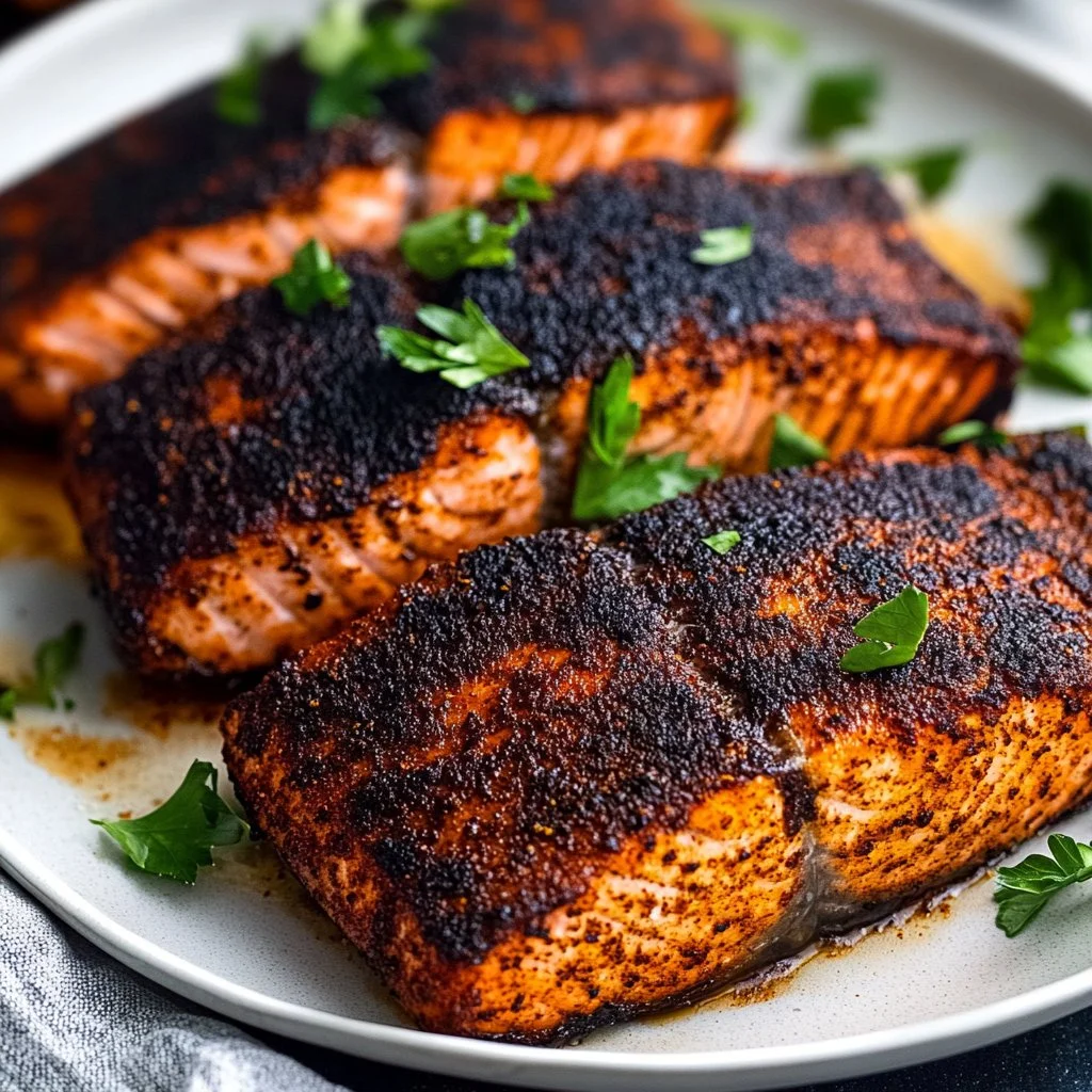 Delicious blackened salmon fillet served with lemon and herbs
