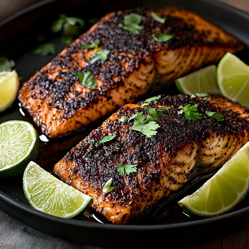 Delicious blackened salmon with a spicy crust on a plate