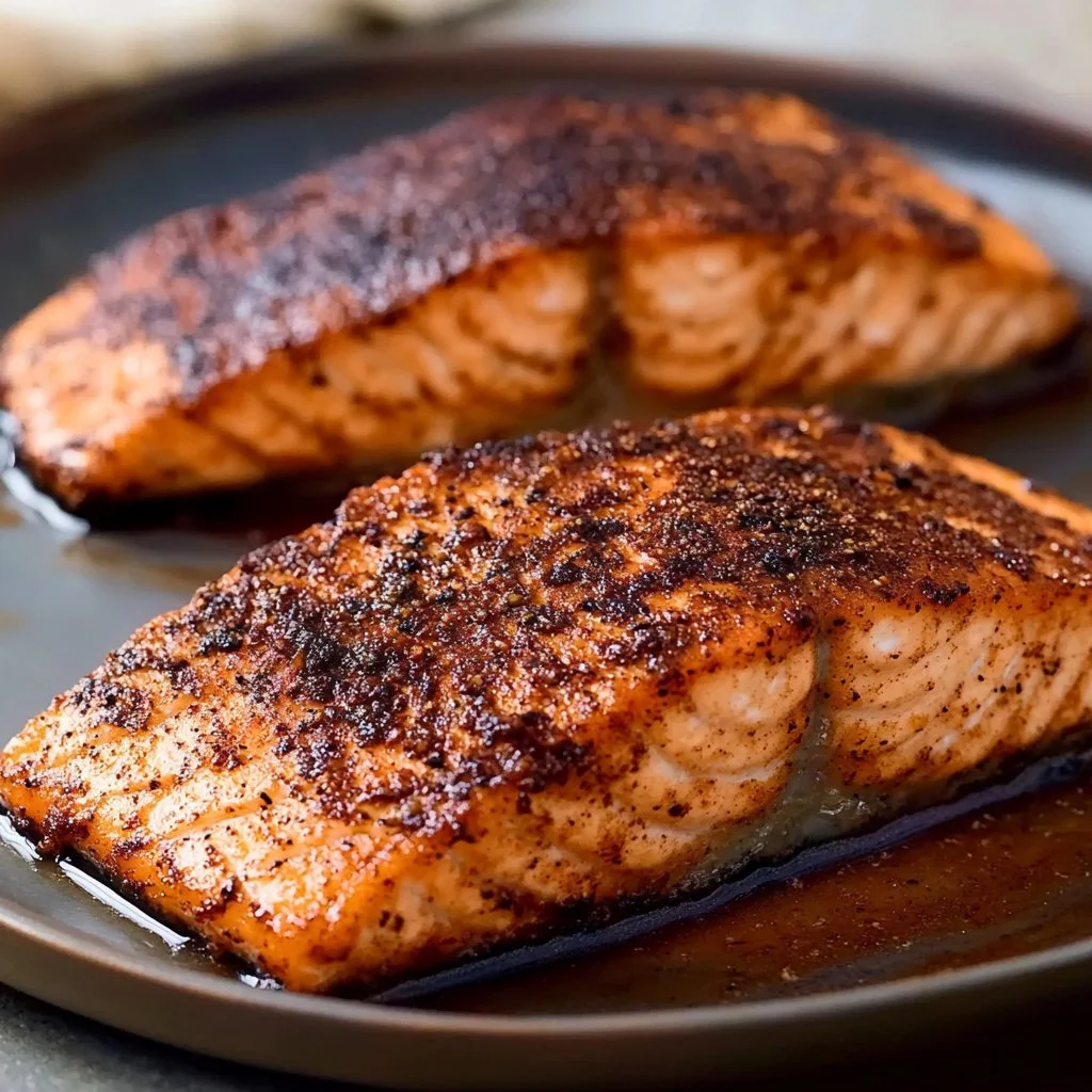 Delicious blackened salmon fillet garnished with fresh herbs and lemon