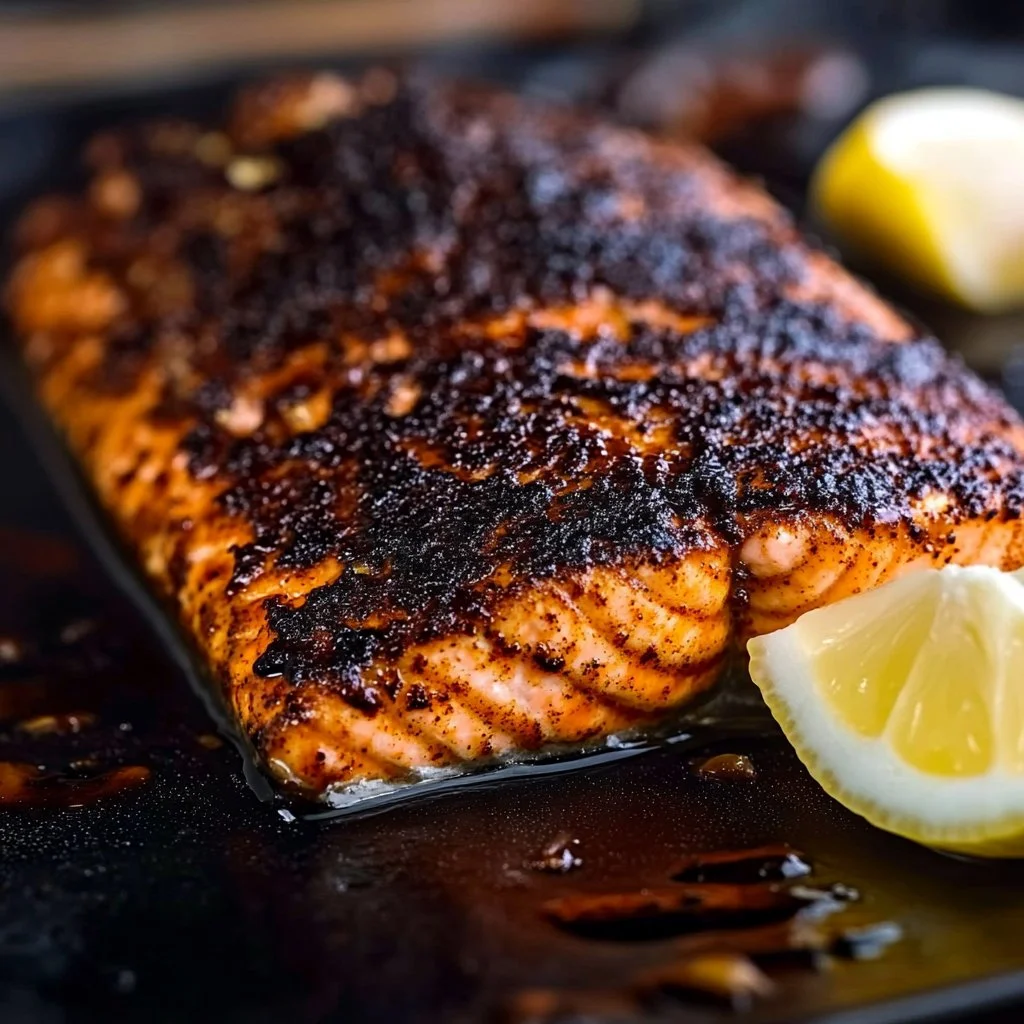 Delicious blackened salmon fillet served on a white plate with garnishments