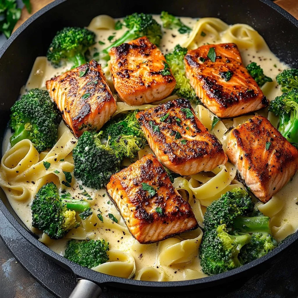 Plate of blackened salmon served with broccoli Alfredo pasta.
