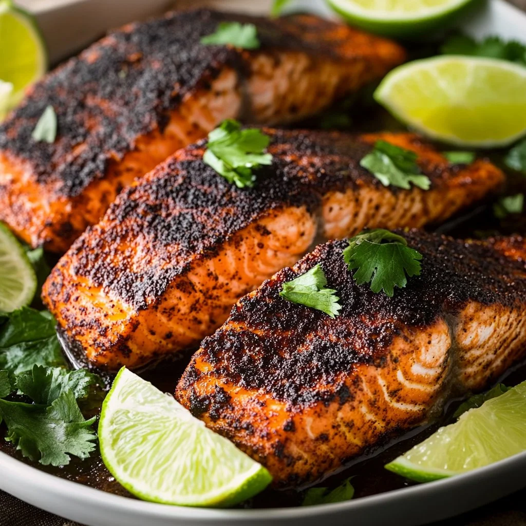 Perfectly cooked blackened salmon fillets seasoned with spices.