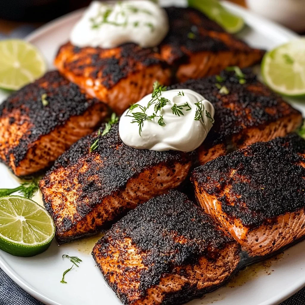 Oven-baked blackened salmon served with dill sauce on a plate
