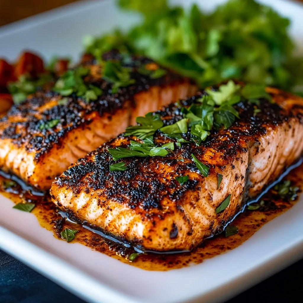 Mouthwatering blackened salmon served with a side of vegetables