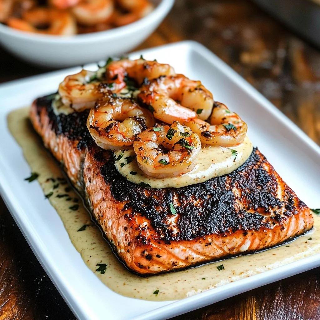 Delicious blackened salmon on a plate with herbs and lemon.