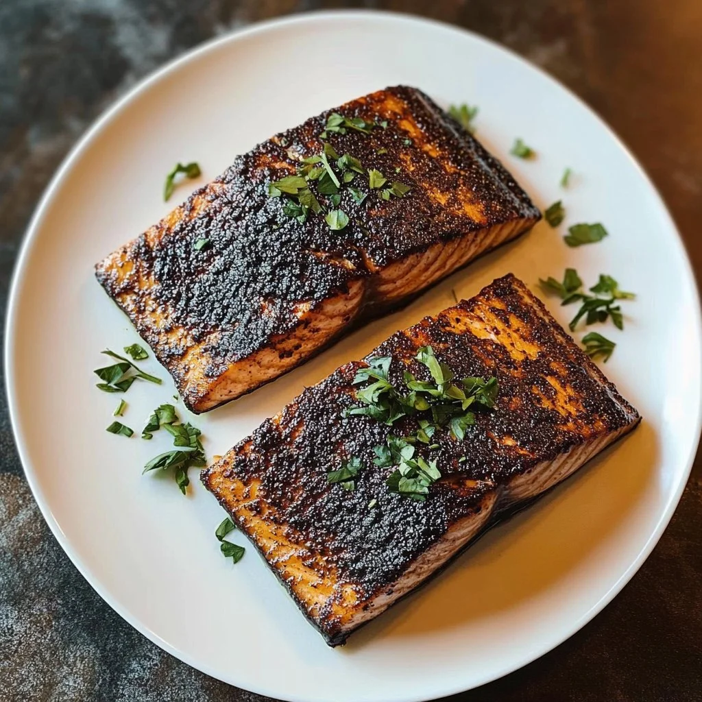 Delicious blackened salmon fillet served with fresh vegetables