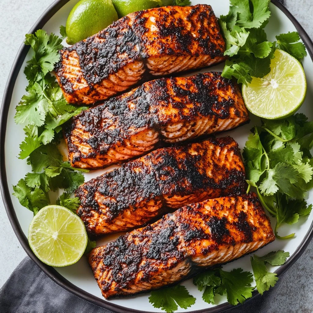 Delicious blackened salmon fillet with spices on a plate