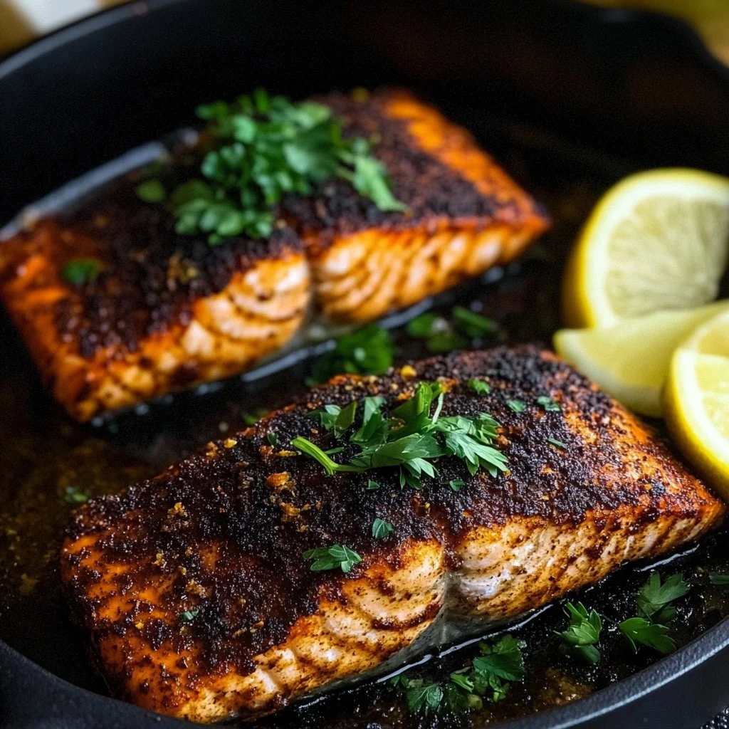 A perfectly cooked blackened salmon fillet with a crispy seasoning crust.