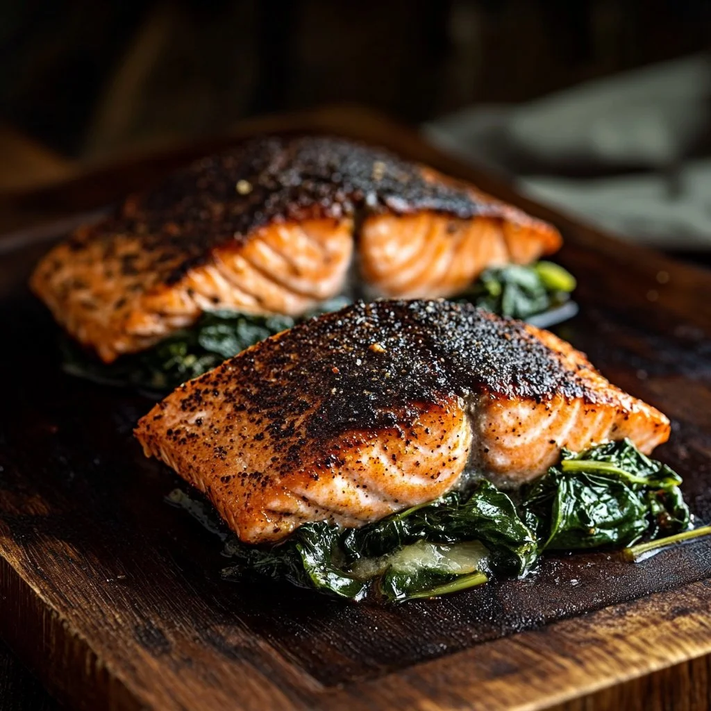 Blackened salmon fillet stuffed with spinach and parmesan on a plate