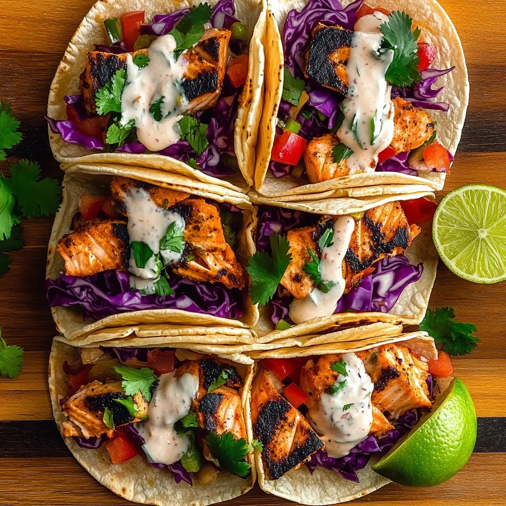 Delicious blackened salmon tacos served with fresh toppings and sauce.