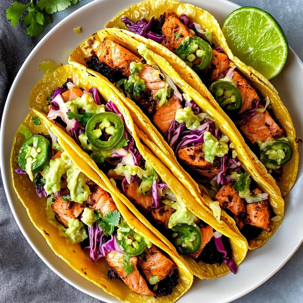 Delicious blackened salmon tacos topped with fresh ingredients