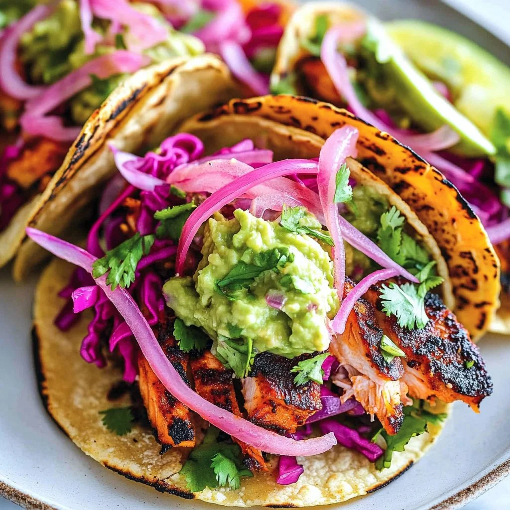 Blackened salmon tacos served with vibrant toppings