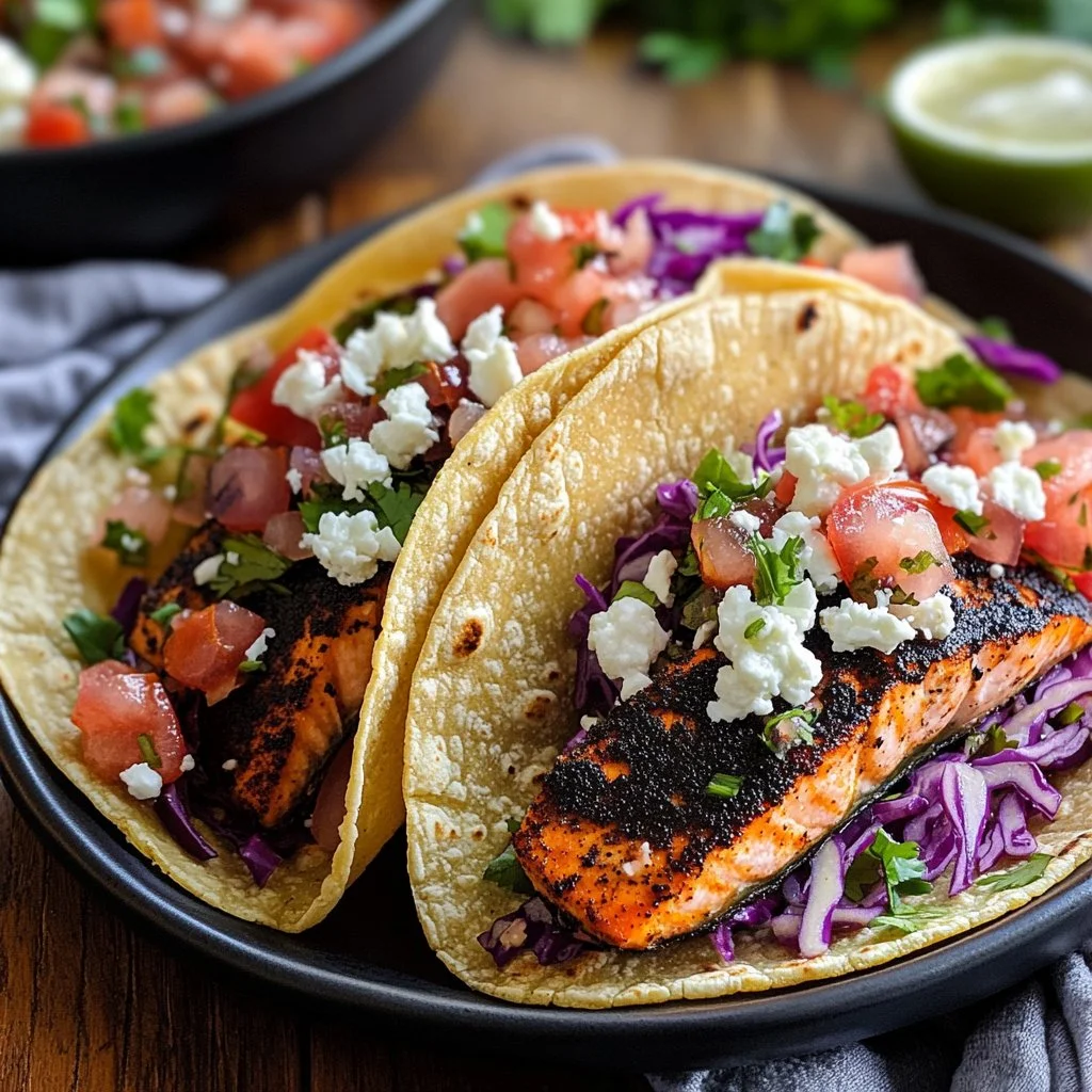 Delicious blackened salmon tacos topped with fresh ingredients and lime