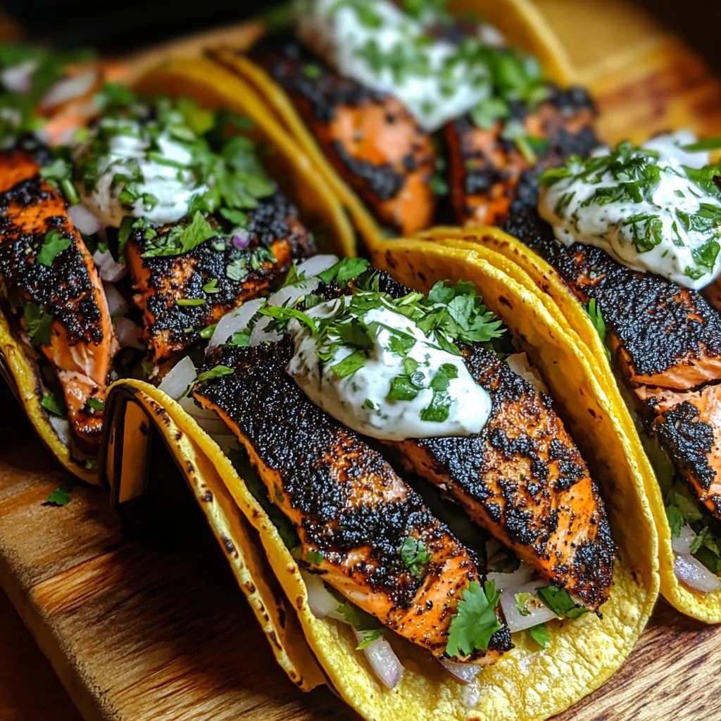 Blackened salmon tacos garnished with cilantro lime crema