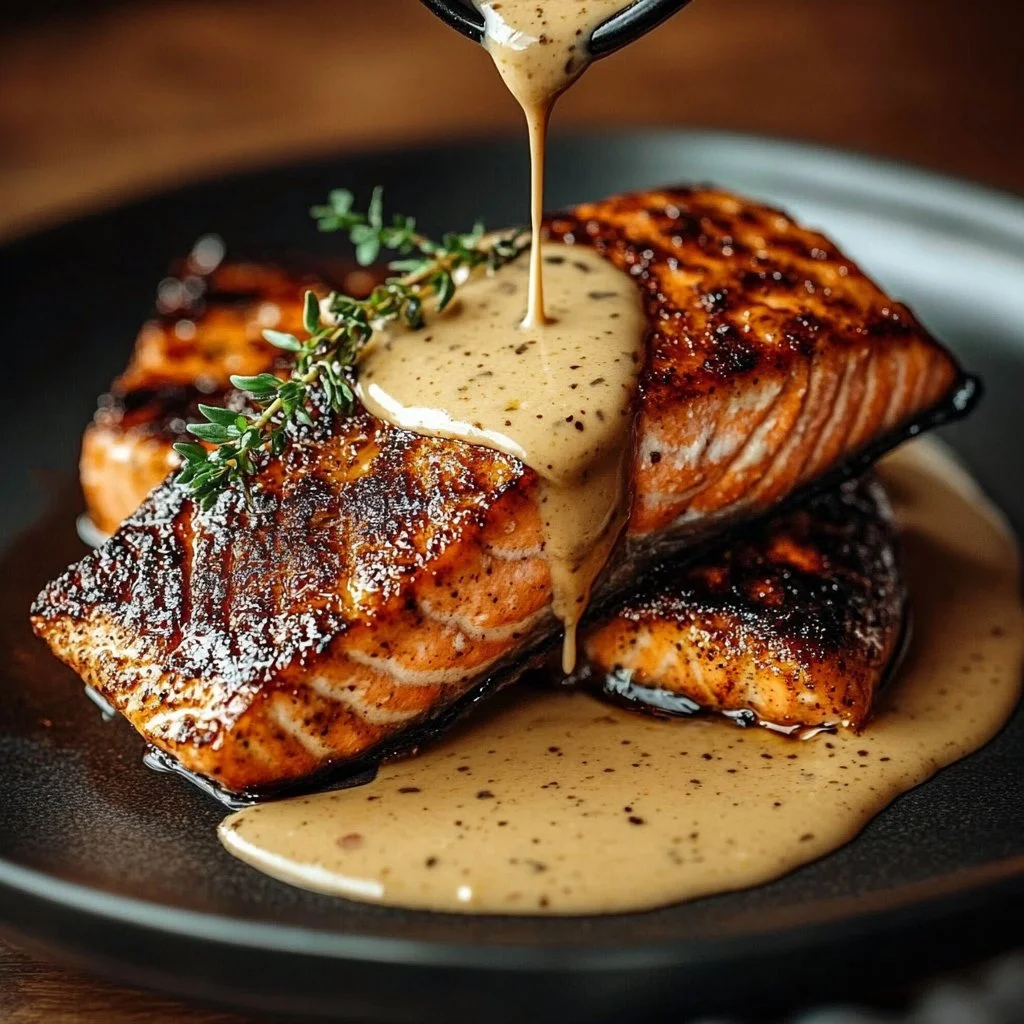 Blackened salmon fillet topped with creamy Dijon sauce, served on a plate.