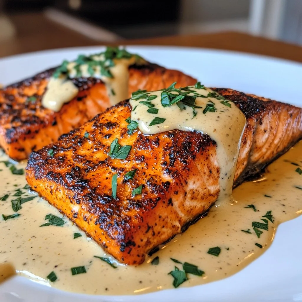 Plate of blackened salmon drizzled with creamy Dijon sauce and garnished with herbs