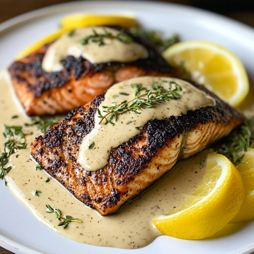 Delicious blackened salmon fillet served with creamy Dijon sauce.