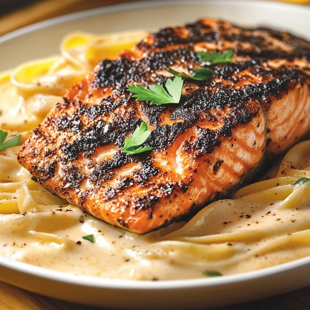 Delicious blackened salmon on a plate with creamy garlic Alfredo pasta