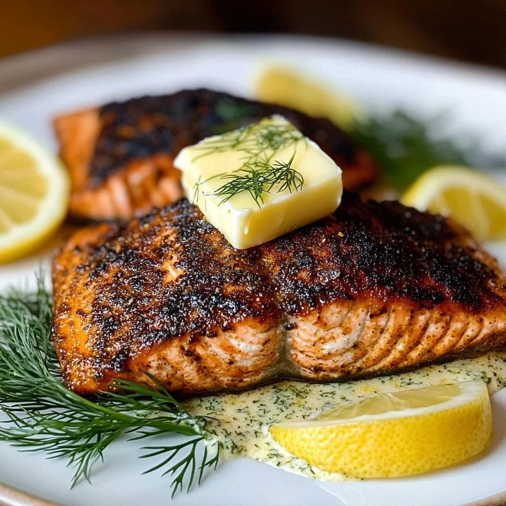 Delicious blackened salmon fillet with Creole lemon dill sauce on a plate.
